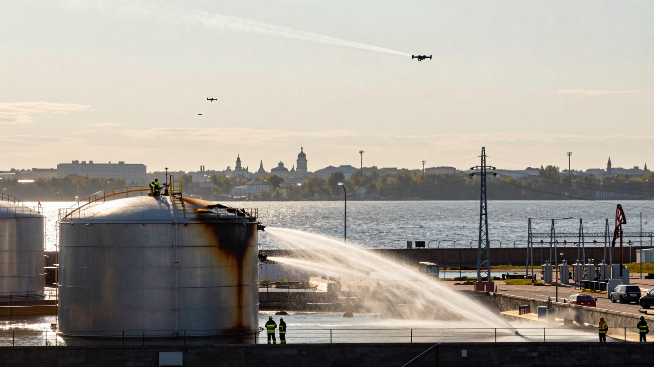 Equipa trabalha na contenção de fuga de líquido inflamável em tanque industrial perto da água ao pôr do sol.