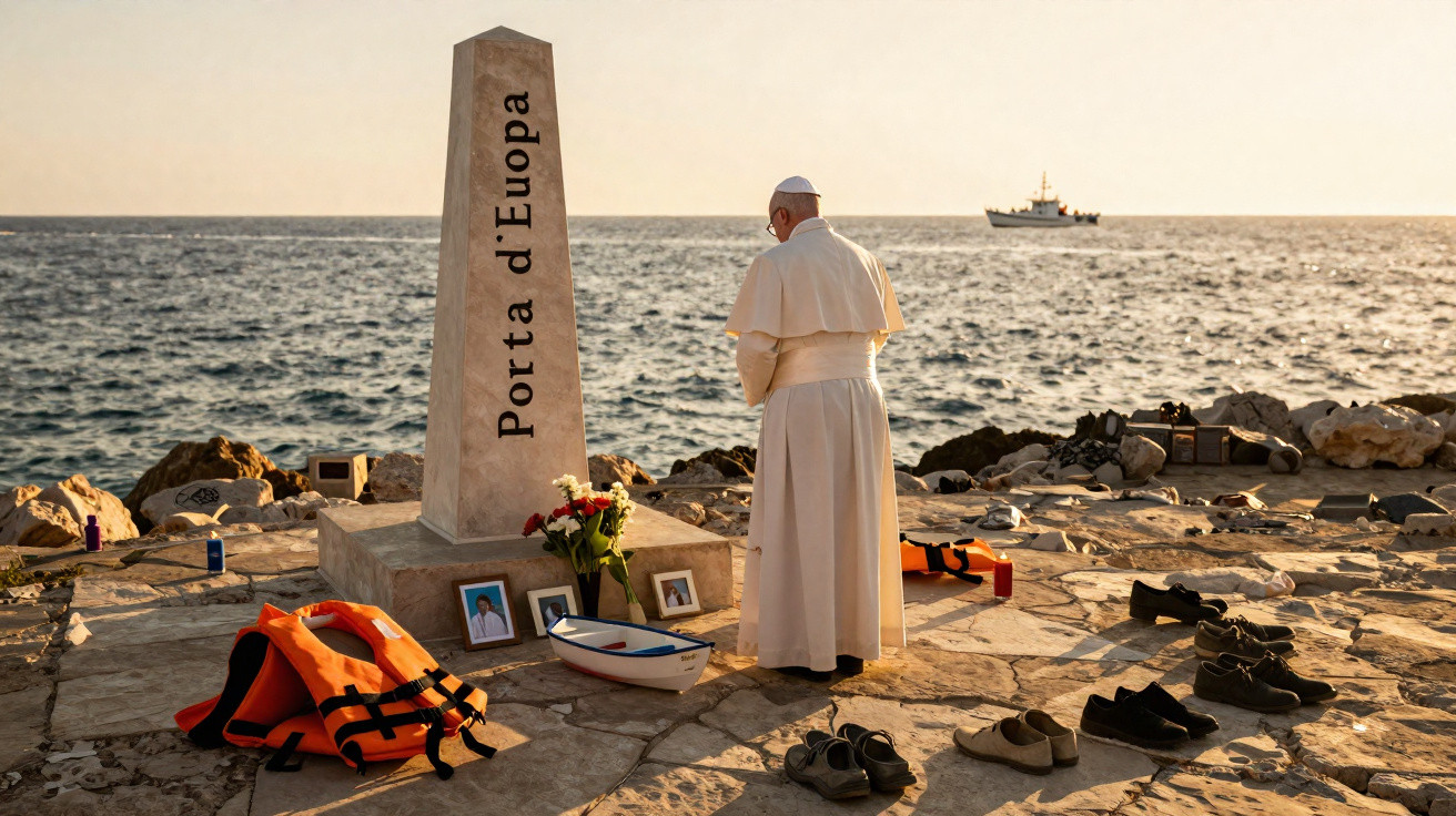 Papa em oração junto ao monumento Porta da Europa, com coletes salva-vidas e sapatos na pedra à beira-mar.