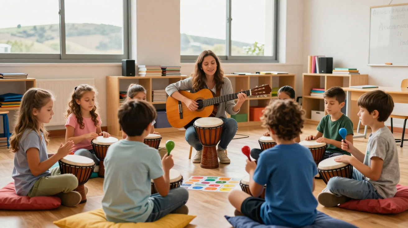 Professora a tocar guitarra com crianças sentadas em círculo a tocar tambores e maracas numa sala iluminada.