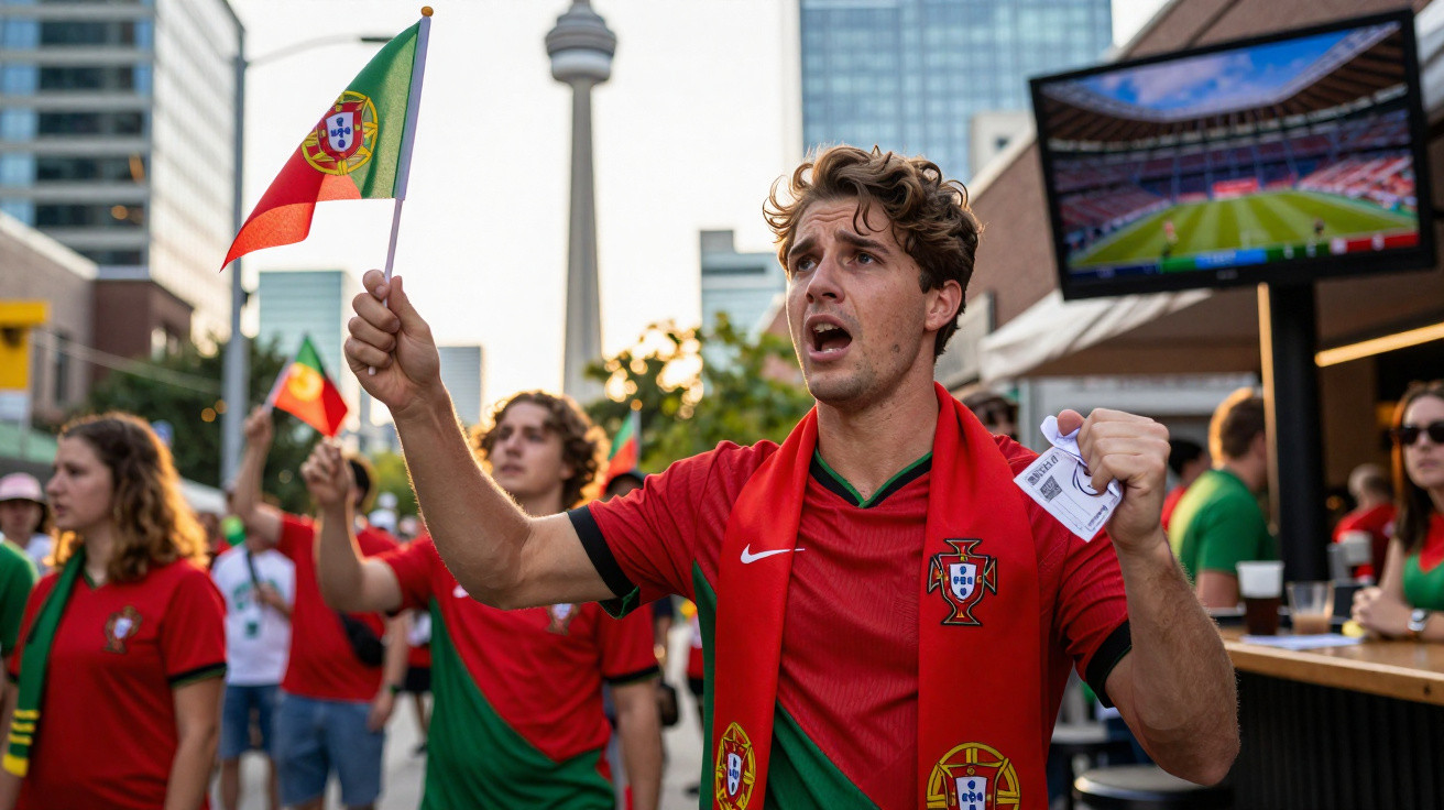 Adepto português com camisola e cachecol vermelhos a celebrar e a acenar bandeira de Portugal numa rua com arranha-céus.