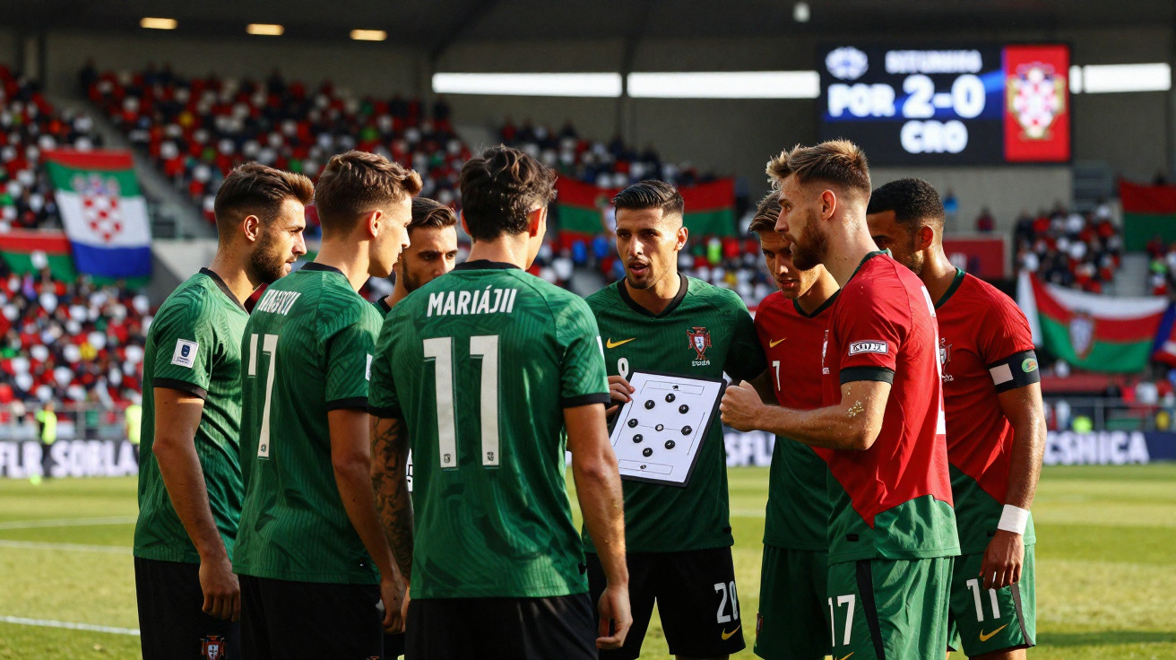 Jogadores de futebol de Portugal em reunião tática durante jogo, com placar 2-0 no ecrã ao fundo.