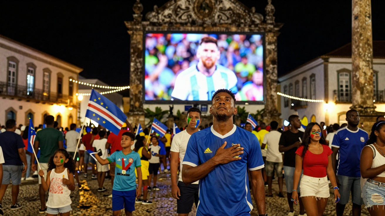 Pessoas a assistir a um jogo de futebol ao ar livre, algumas com bandeiras de Cabo Verde, e imagem de Messi no ecrã gigante.