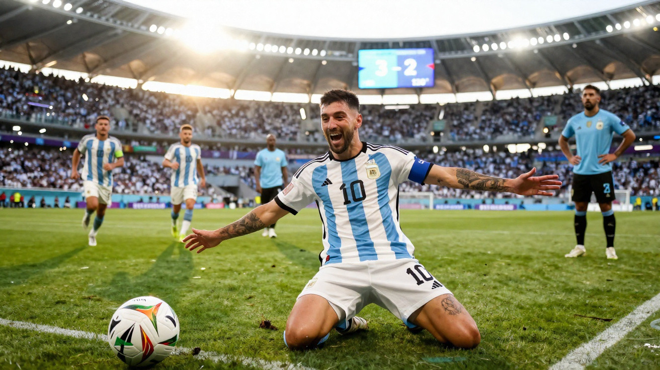 Jogador argentino celebra golo num estádio cheio durante um jogo contra o Uruguai.