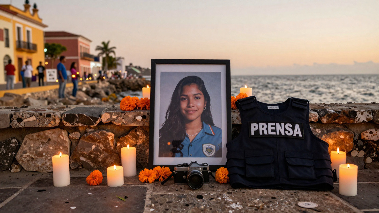 Altar de homenagem com foto, velas, flores, câmara e colete da imprensa junto ao mar ao entardecer.