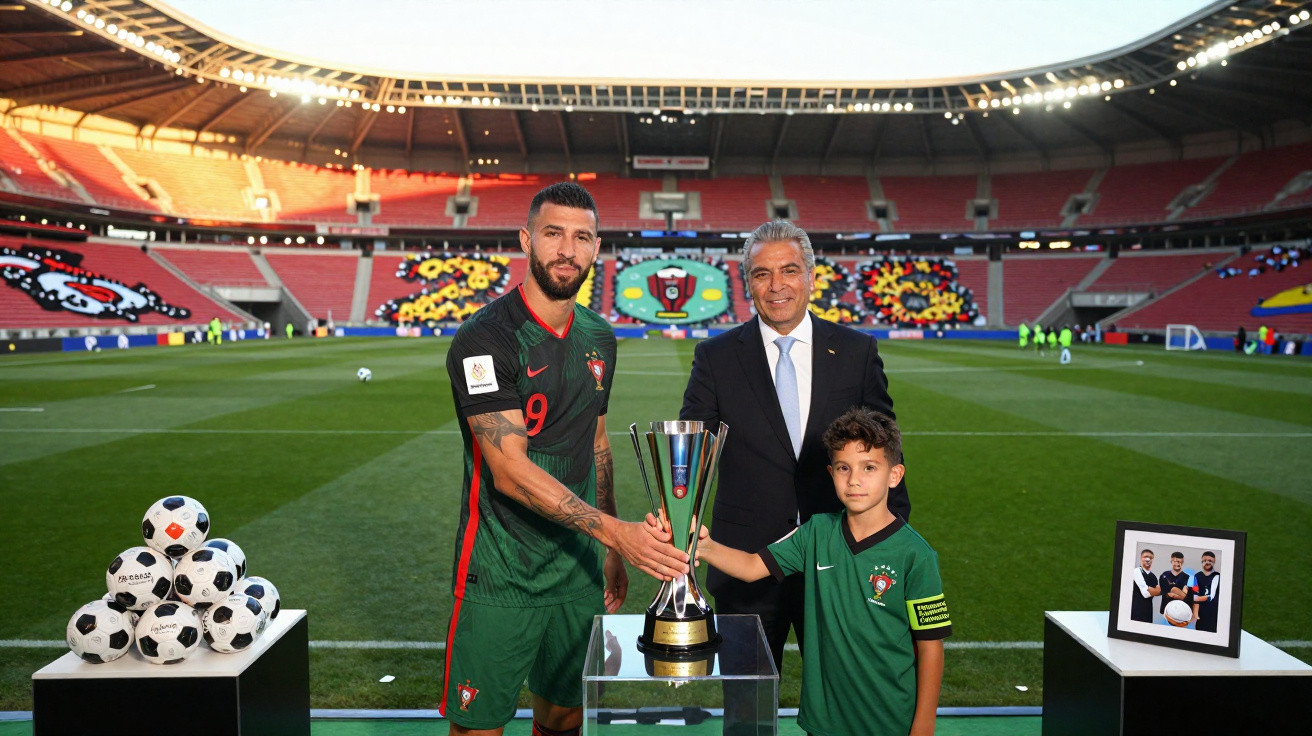 Jogador de futebol, criança e homem de fato seguram troféu num estádio com bolas e foto ao lado.