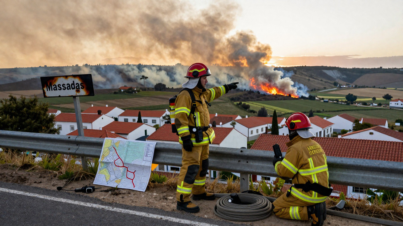 Dois bombeiros em equipamento completo observam e planeiam combate a incêndio florestal junto a aldeia de Massadas.