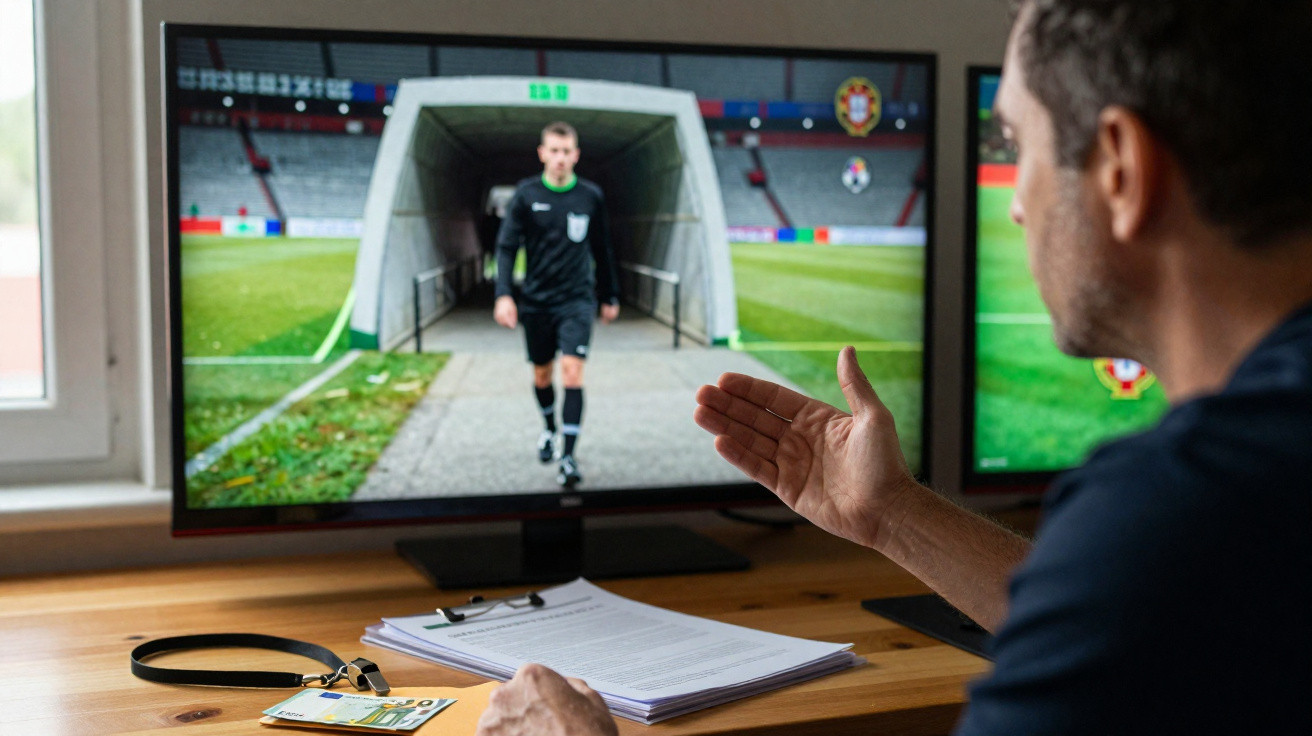 Homem a analisar lance de futebol com árbitro a caminhar no ecrã de televisão, numa sala iluminada.