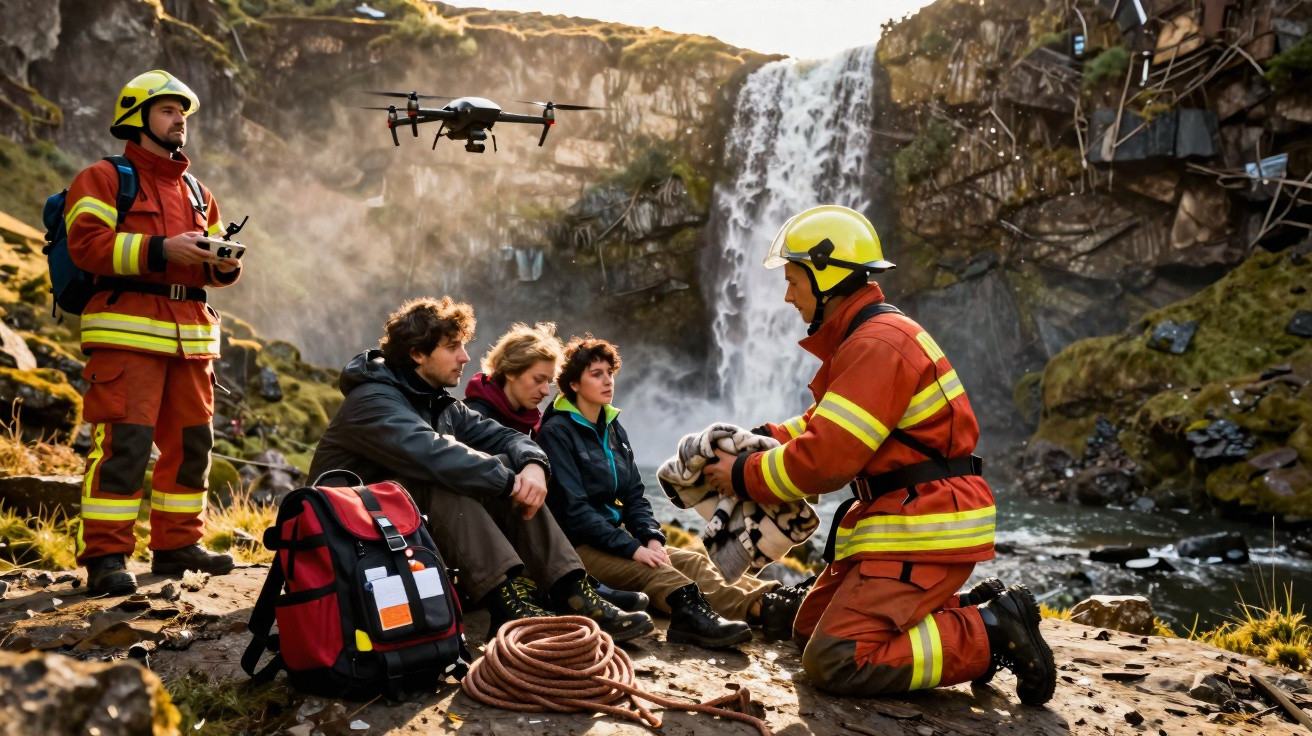 Equipa de resgate com drone ajuda três pessoas junto a uma cascata em ambiente rochoso e natural.