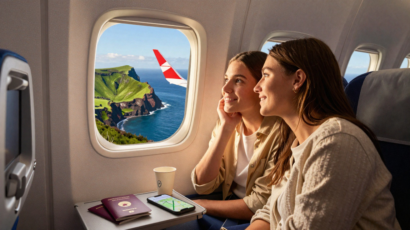 Duas mulheres sorridentes a olhar pela janela do avião com vista para a costa verde e mar azul.