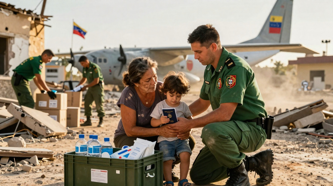 Soldado ajuda criança com documentos enquanto mulher observa em zona de desastre com ajuda humanitária.