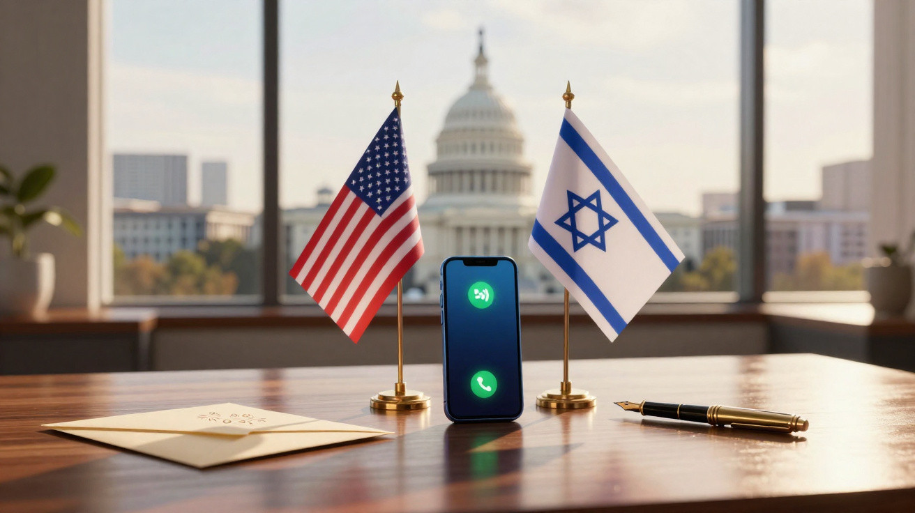 Bandeiras dos EUA e Israel com smartphone e caneta numa mesa, com o Capitólio dos EUA ao fundo.