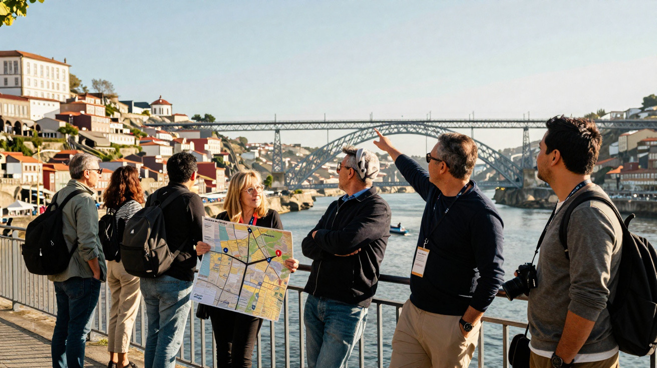 Grupo de turistas junto ao rio Douro em Porto com mapa e ponte de ferro ao fundo.