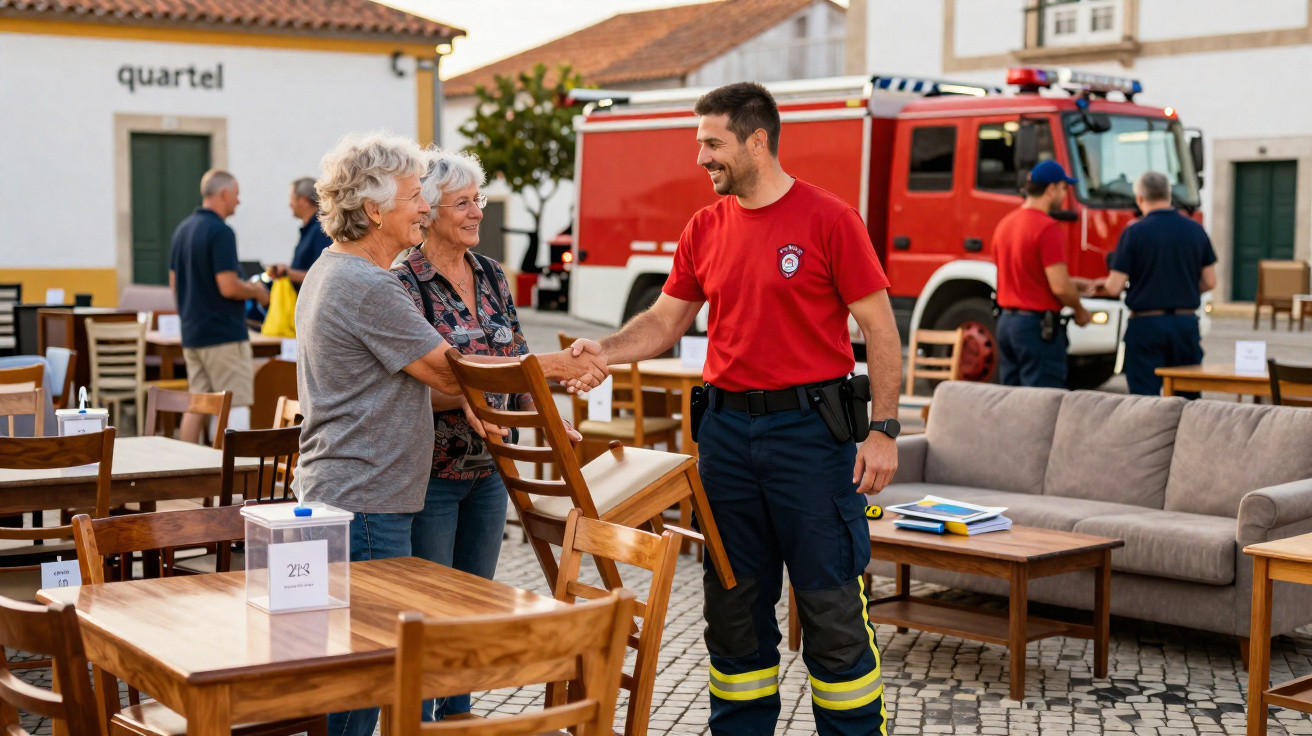 Bombeiro a cumprimentar duas senhoras num espaço exterior com mobiliário e veículo de bombeiros ao fundo.