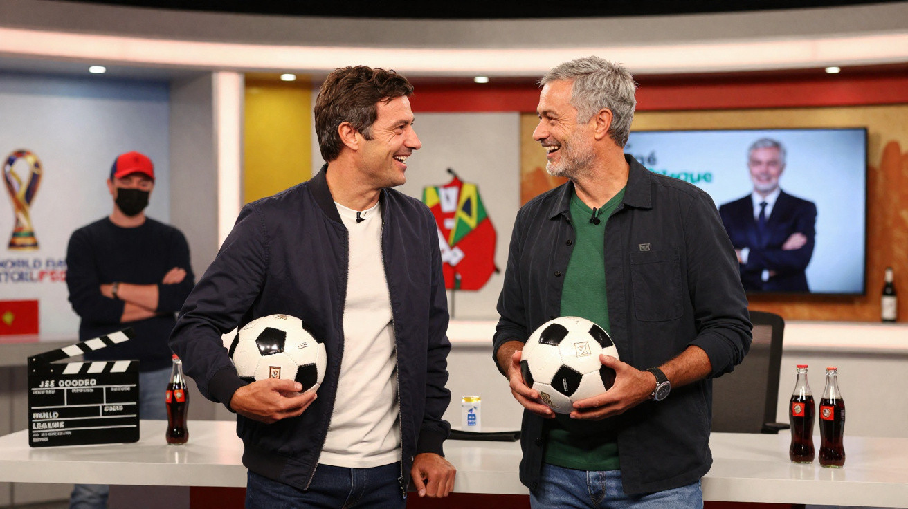 Dois homens sorridentes seguram bolas de futebol num estúdio de televisão com bebidas e clapperboard ao fundo.
