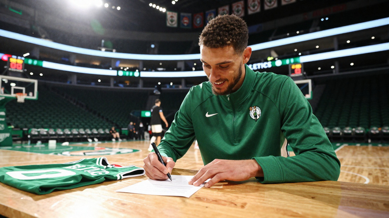 Jogador de basquetebol do Boston Celtics a assinar contrato numa mesa dentro do campo de jogo vazio.
