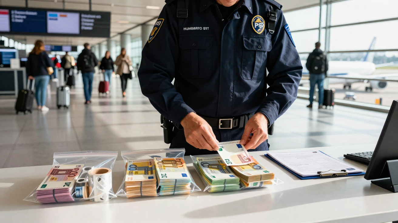 Agente de segurança no aeroporto a contar notas de euro em envelopes transparentes sobre a mesa.