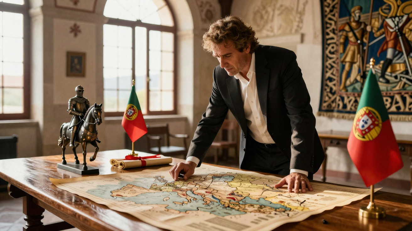 Homem em fato a estudar um mapa antigo de Europa numa sala com bandeiras de Portugal e estátua de cavaleiro.