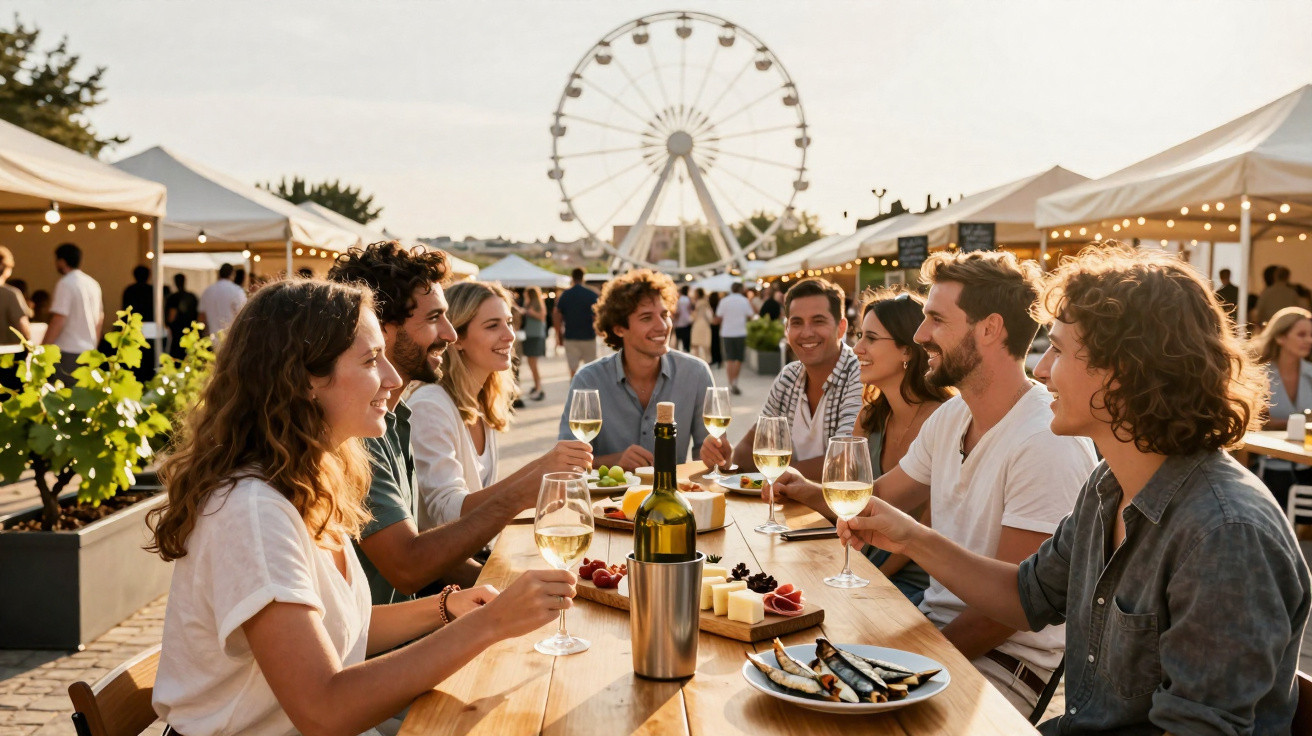 Grupo de amigos a brindar com vinho num mercado ao ar livre, com roda-gigante ao fundo ao pôr do sol.