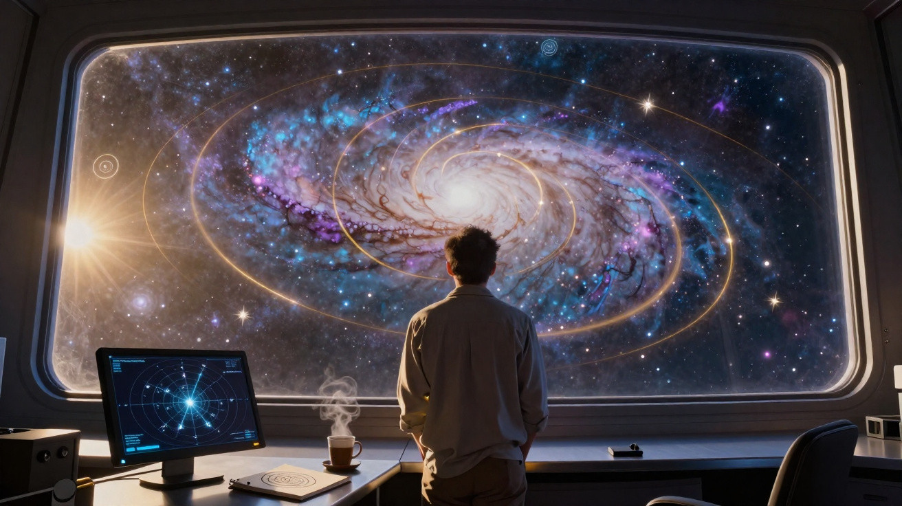 Homem observa através de janela grande uma galáxia espiral brilhante numa sala com computador e chá fumegante.