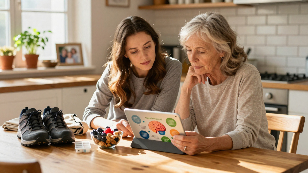 Duas mulheres a consultar informações sobre o cérebro num tablet, sentadas à mesa da cozinha.