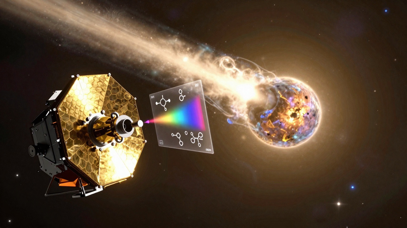Ilustração de telescópio espacial a analisar espectro de luz vindo de objeto luminoso no espaço.