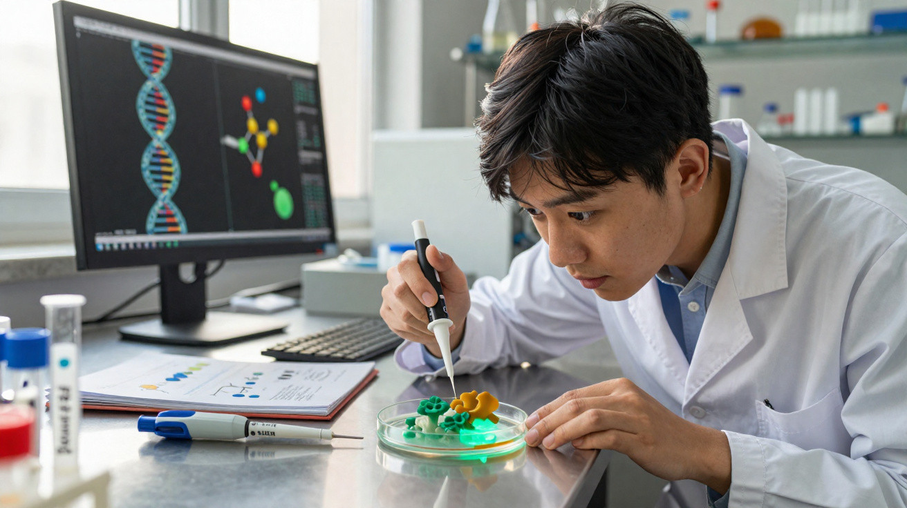 Cientista em laboratório usando pipeta para estudar modelo molecular em placa de Petri com DNA no ecrã do computador.