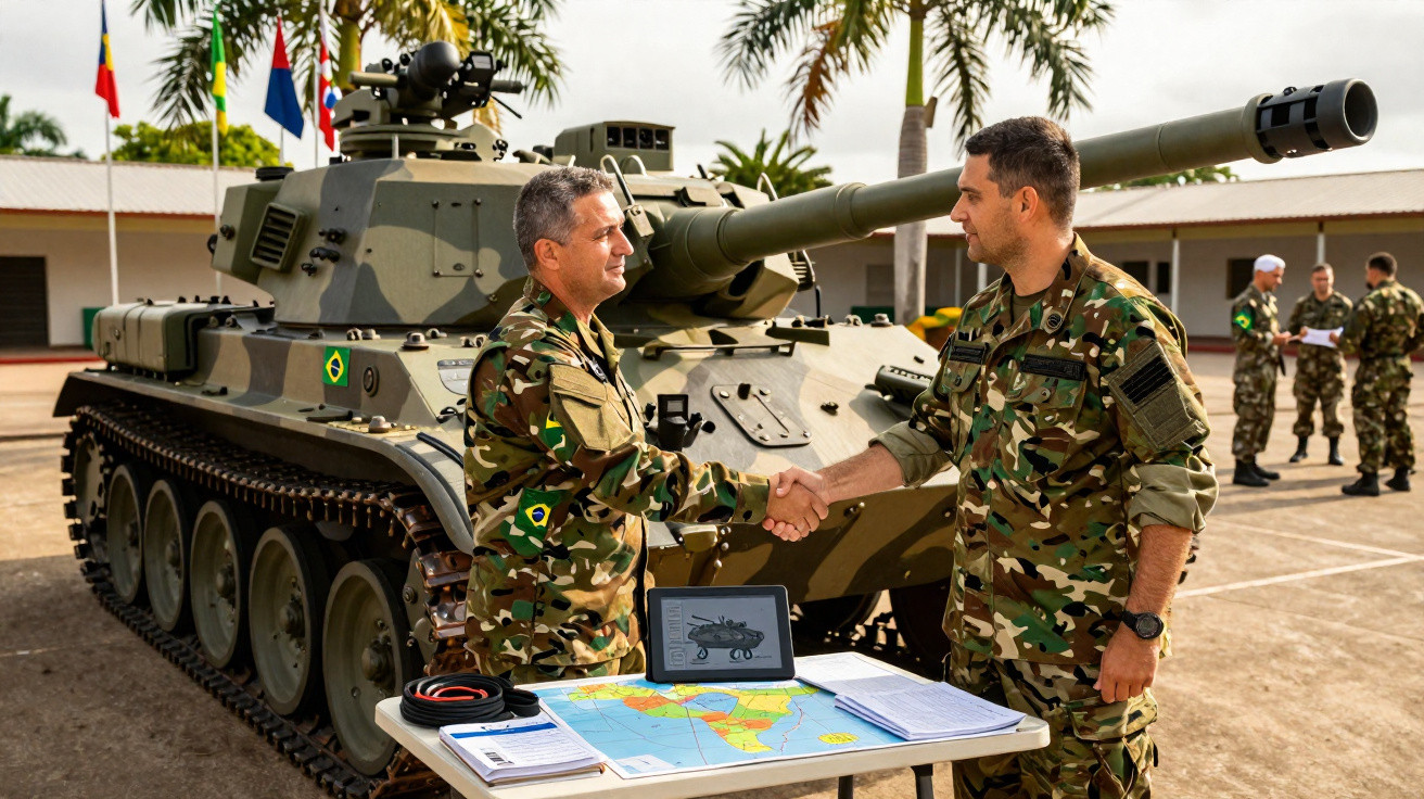 Dois militares fardados cumprimentam-se junto a um tanque de guerra com bandeira do Brasil.