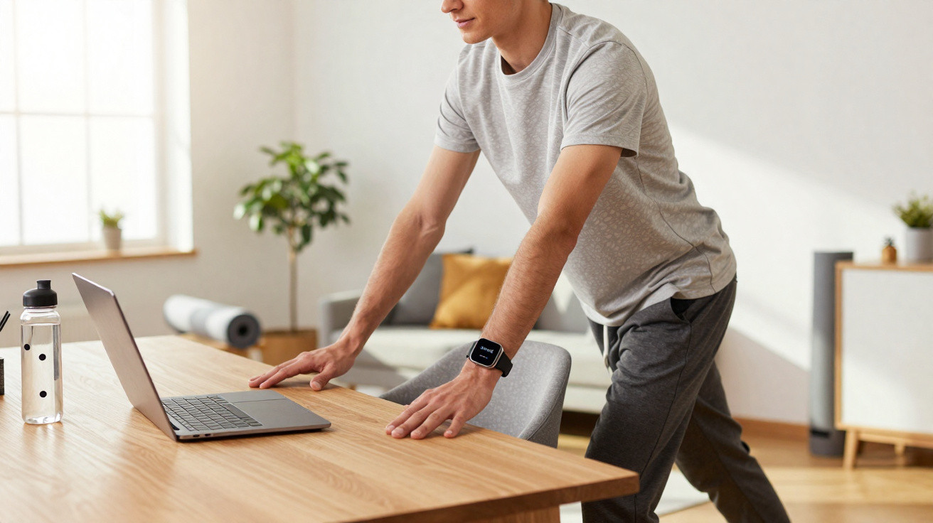 Homem jovem a fazer alongamentos apoiado numa mesa junto a computador portátil numa sala iluminada.