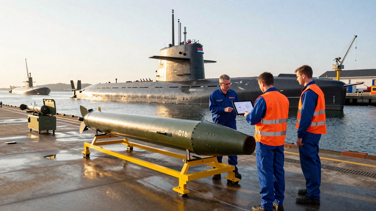 Três técnicos com coletes laranja inspecionam torpedo junto a submarino atracado num porto ao entardecer.