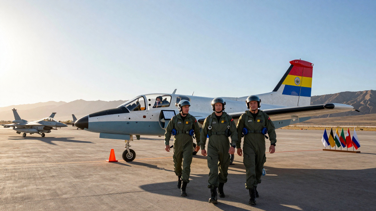 Três pilotos militares a caminhar em pista junto a avião com bandeira da Bolívia em hangar aberto ao amanhecer.