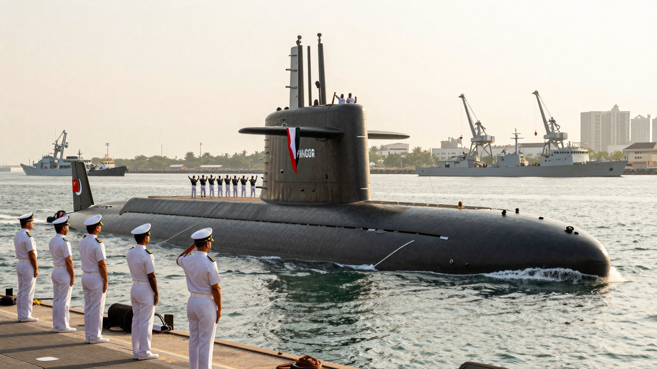 Submarino negro com tripulantes acenando e marinheiros em uniforme branco na doca ao pôr do sol.