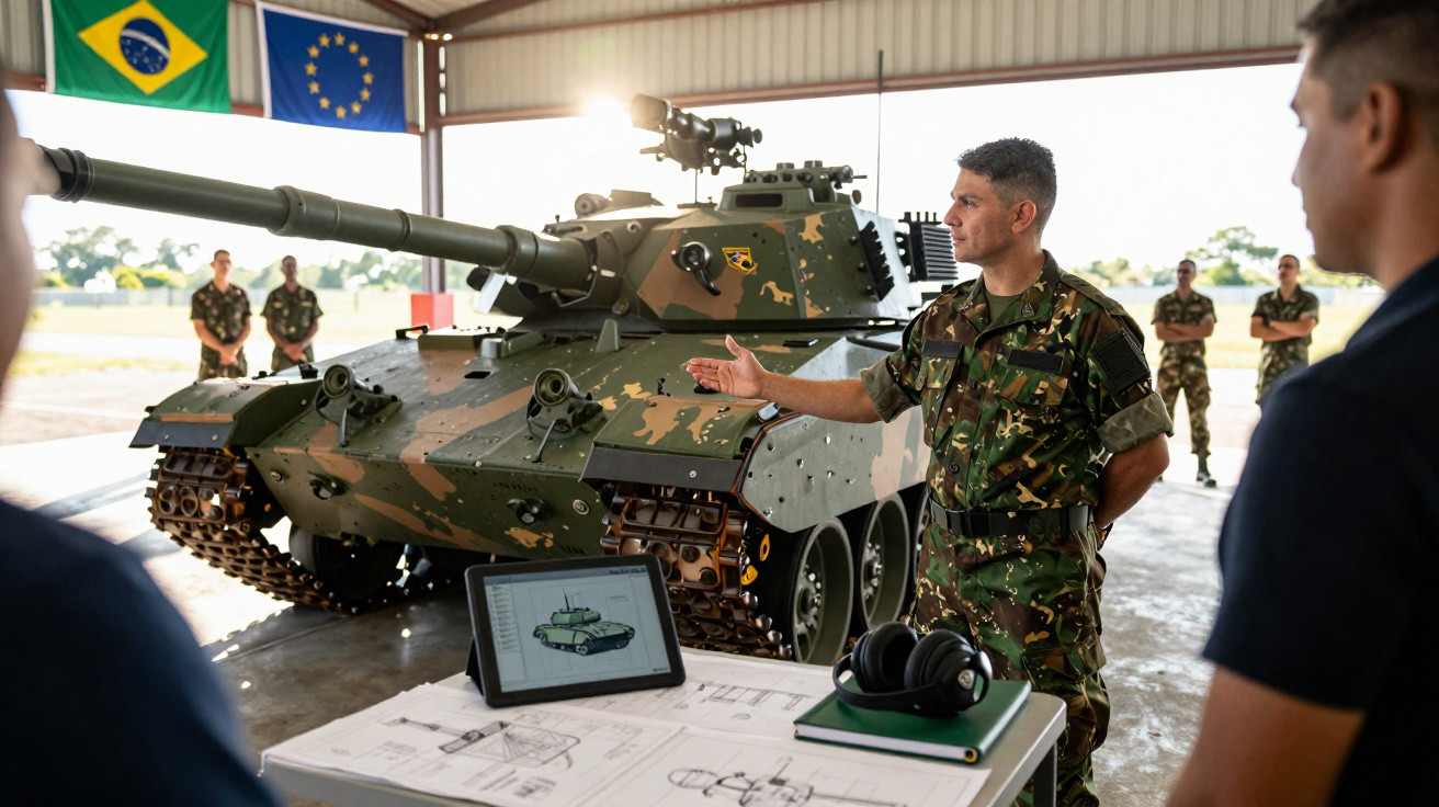 Militar em uniforme camuflado apresenta tanque de guerra num hangar com bandeiras do Brasil e da União Europeia.