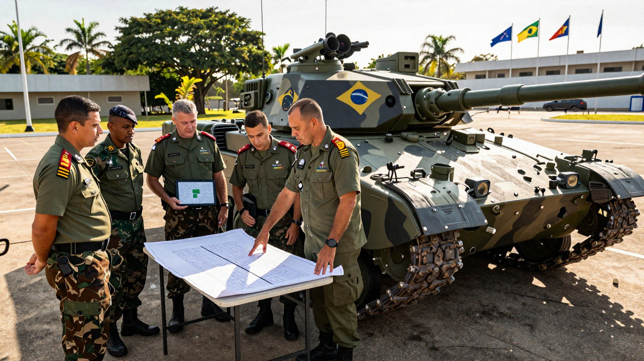 Cinco militares brasileiros reunidos a analisar mapas junto a um tanque de guerra com a bandeira do Brasil.