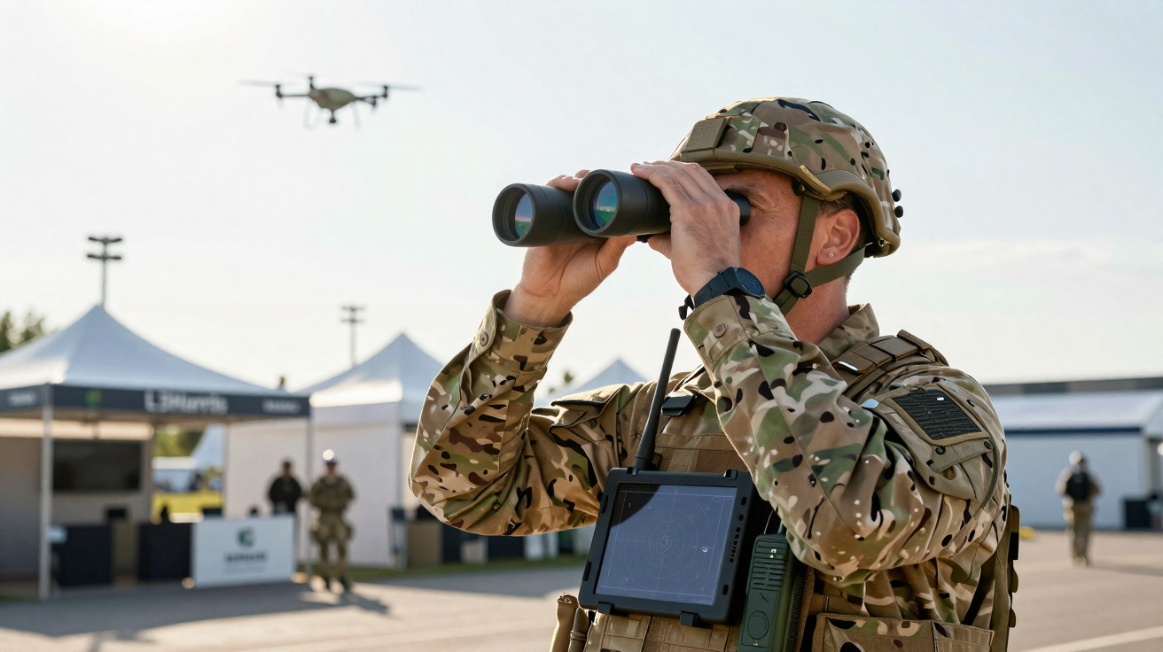 Soldado em uniforme camuflado observa drone com binóculos durante operação militar ao ar livre.