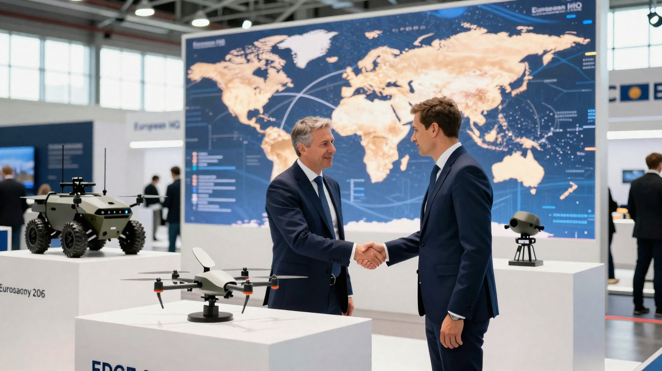 Dois homens de fato cumprimentam-se num salão de exposição de tecnologia com drones e veículos autónomos.