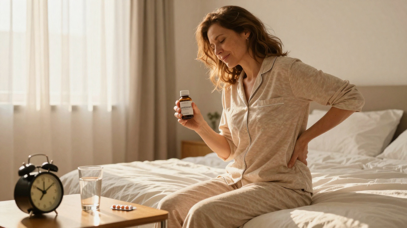 Mulher sentada na cama, com pijama, segurando medicamento e com dor nas costas, ao lado de um copo de água e relógio.
