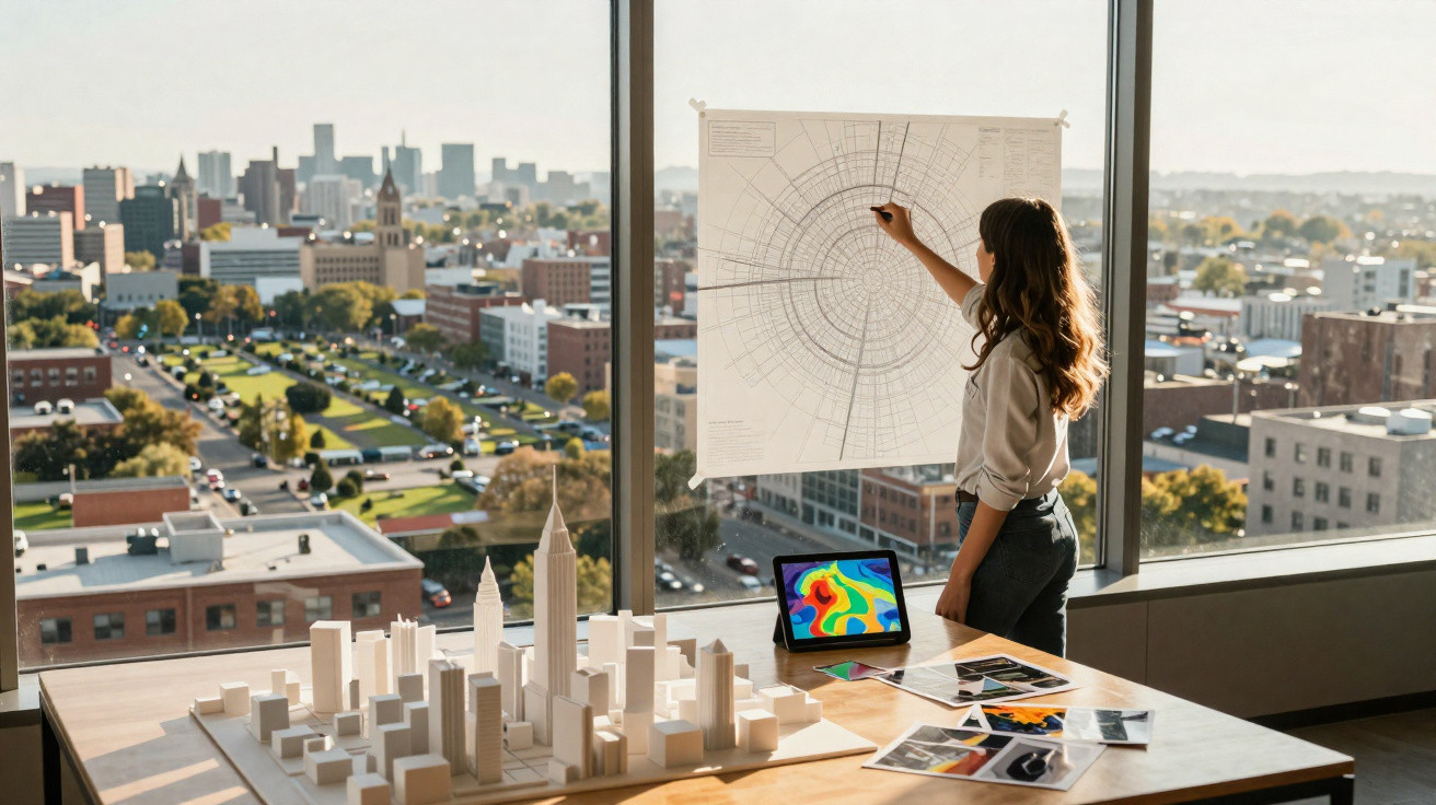 Mulher a desenhar planta arquitetónica num estúdio com maquete de cidade e vista urbana exterior.