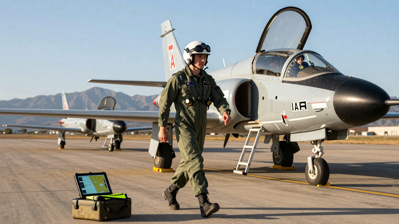 Piloto militar a caminhar junto a avião de caça estacionado numa pista sob céu limpo, com montanhas ao fundo.