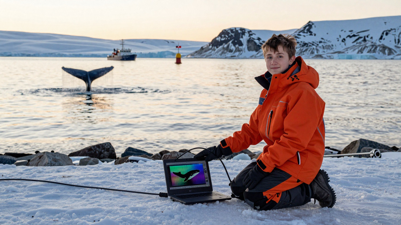 Criança com fato de frio laranja observa cauda de baleia e imagem da mesma num computador na neve.