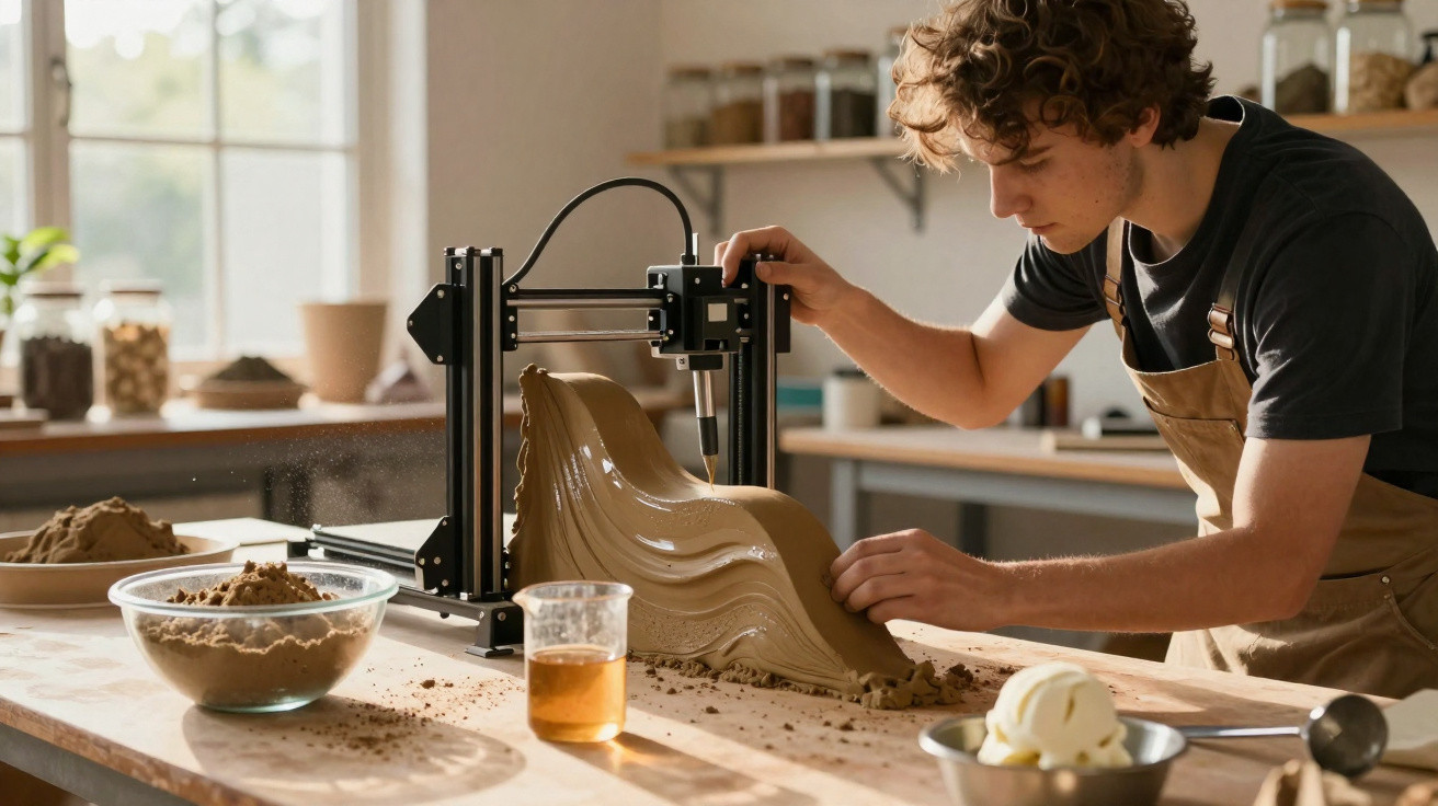 Jovem opera impressora 3D para criar objeto de cerâmica num atelier bem iluminado.