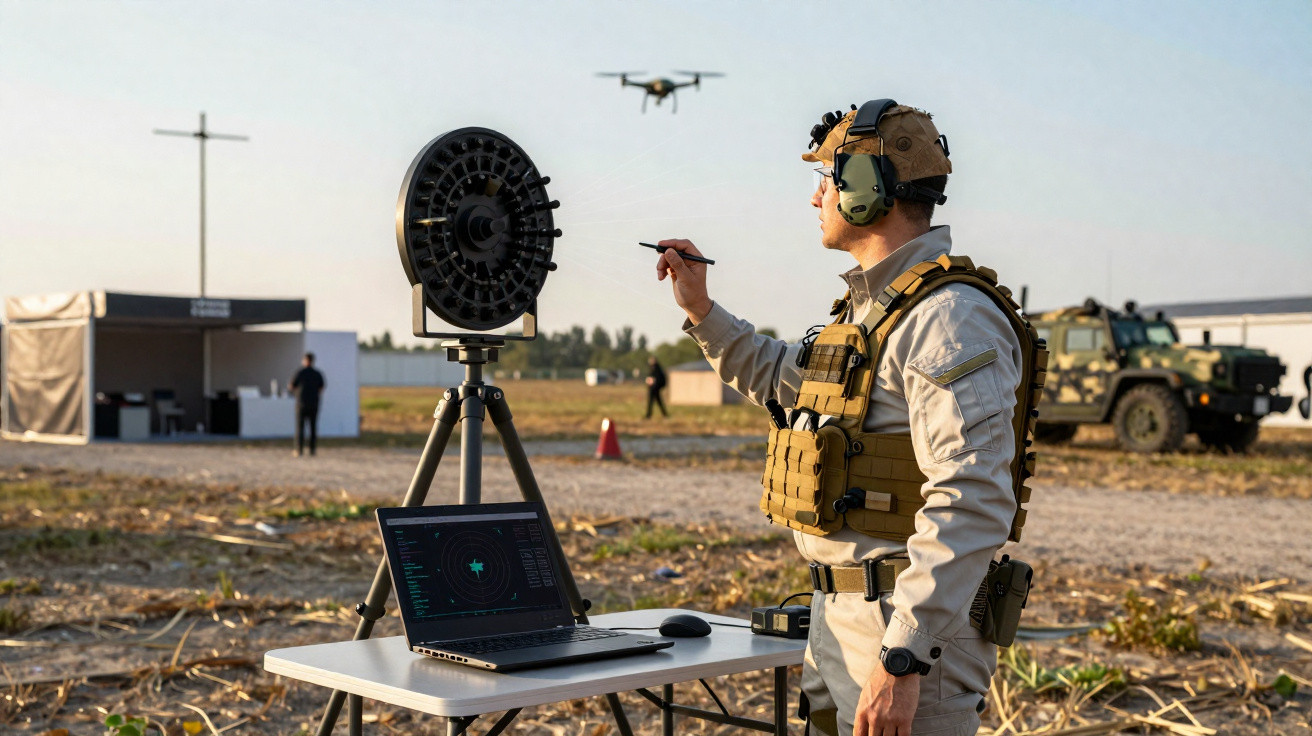 Militar operacional usando equipamento tático para controlar drone durante exercício ao ar livre.