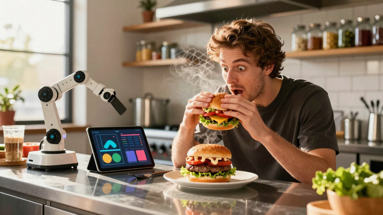 Homem surpreendido a comer hambúrguer à frente de robô e tablet numa cozinha moderna.