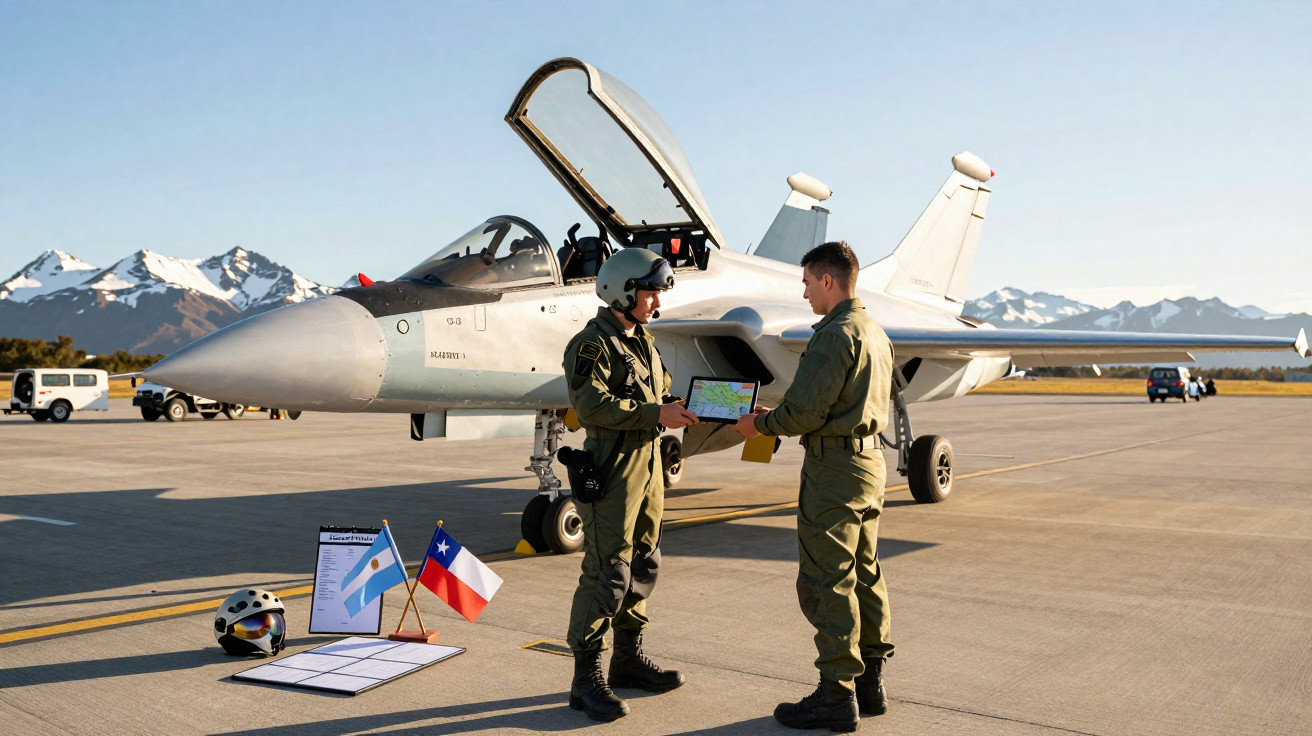 Dois pilotos em uniforme discutem frente a um caça estacionado numa pista de aeroporto com montanhas ao fundo.