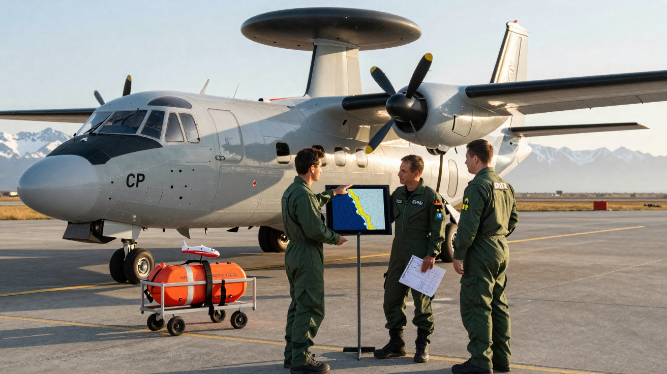 Três militares em uniforme verde junto a avião de vigilância aérea com radar e mapa em ecrã no aeródromo.