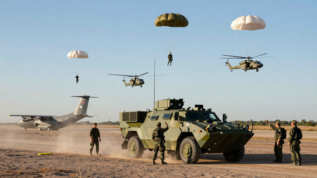 Soldados militares junto a viatura blindada, helicópteros e paraquedistas em exercício numa pista de aterragem.