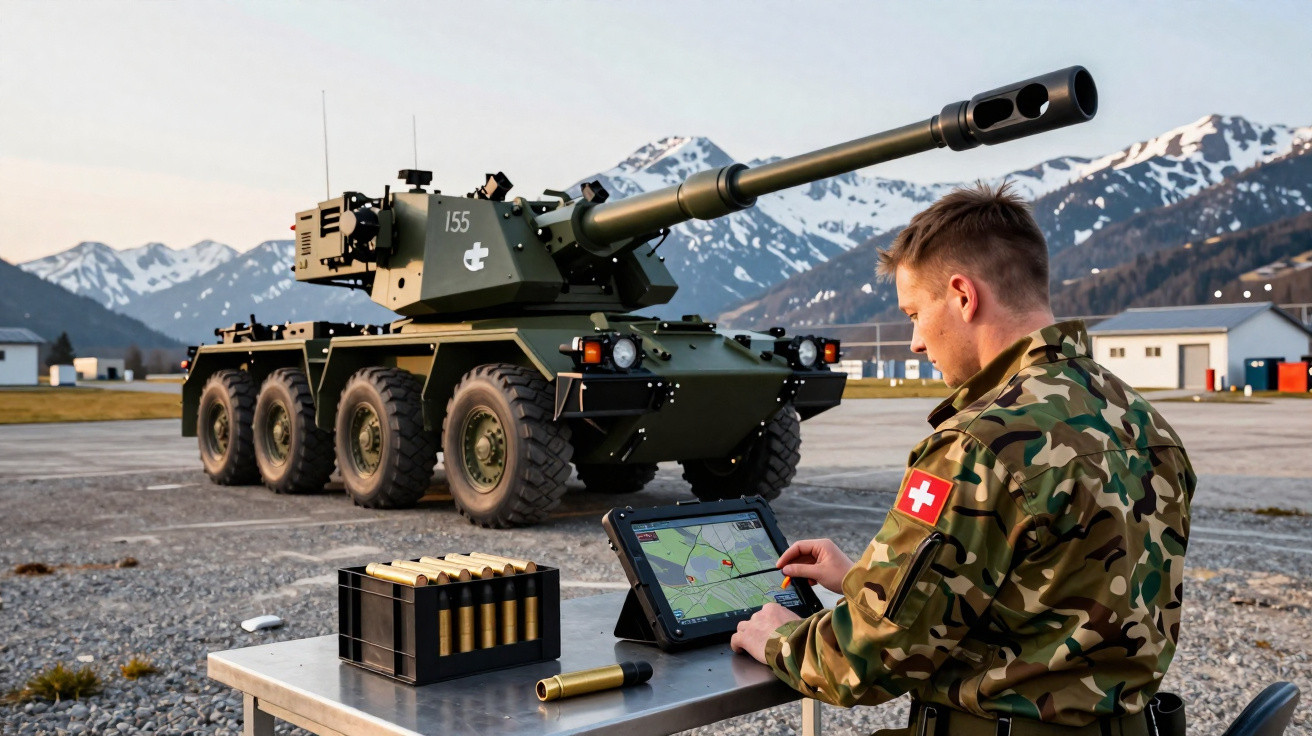 Soldado suíço com uniforme camuflado manobra tablet junto a veículo militar blindado em montanhas nevadas.