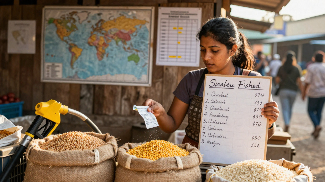 Mulher num mercado a mostrar lista de preços junto a sacos grandes com grãos e arroz, mapa mundo ao fundo.