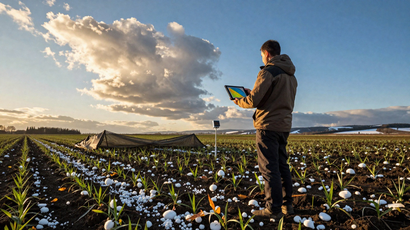 Homem de pé numa plantação durante o pôr do sol a monitorizar dados num tablet.