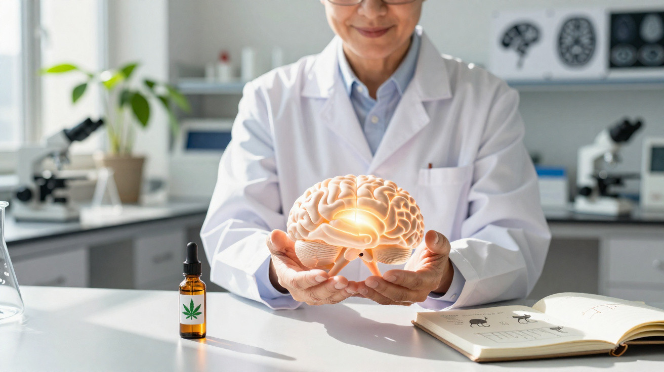 Cientista em laboratório segura modelo 3D do cérebro com óleo de cannabis e livro de neurologia na mesa.