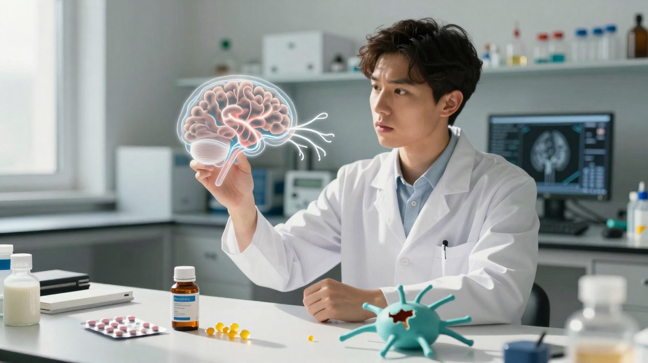 Cientista em laboratório a estudar modelo holográfico do cérebro humano com medicamentos e equipamento científico.